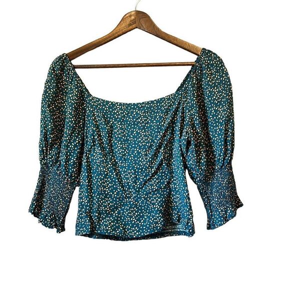 Square Neck 3/4 Sleeve Smocked Blouse Teal Gold Print Elegant Casual Top - Picture 1 of 6